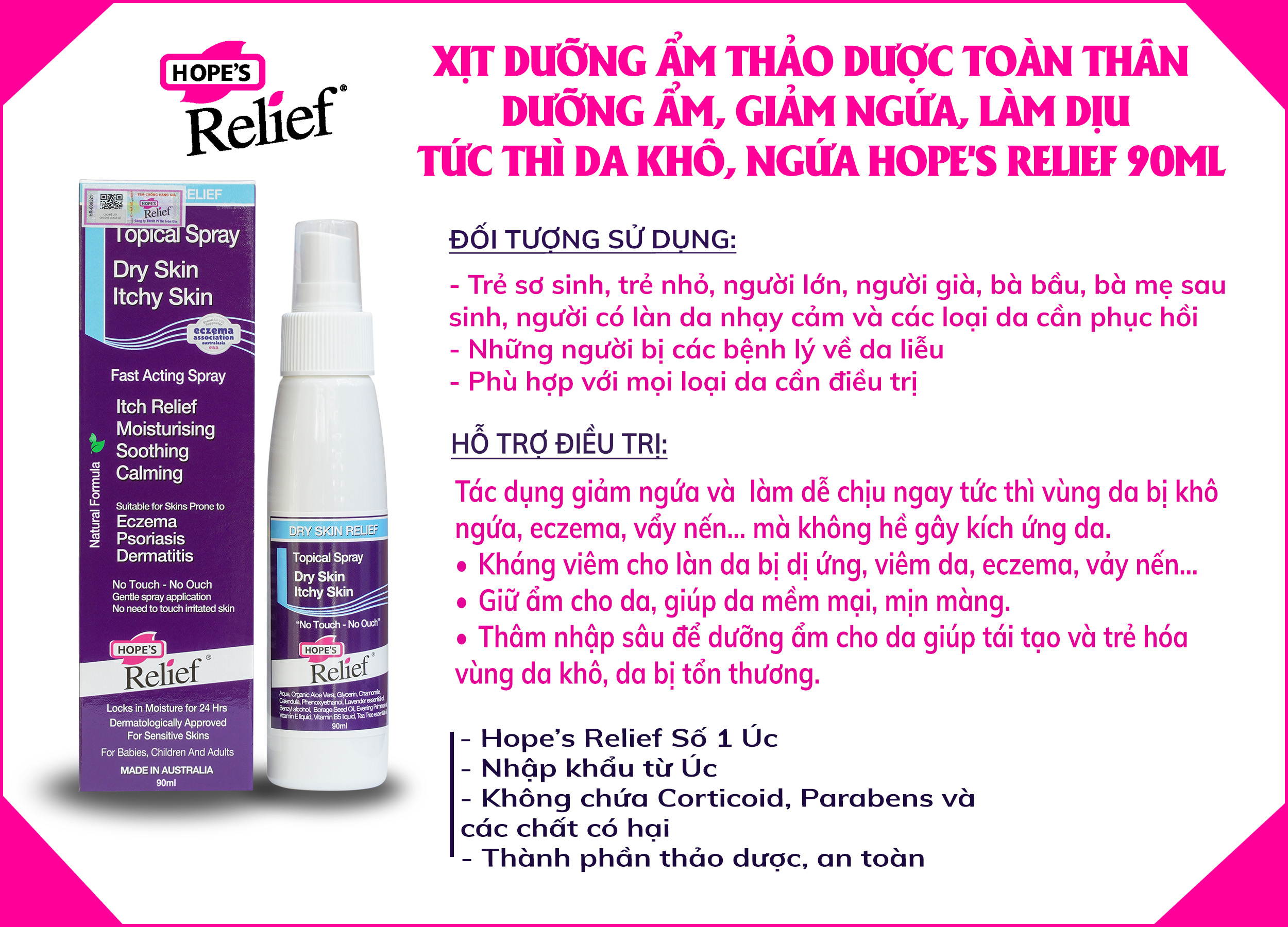 Xịt dưỡng chuyên cho da khô ngứa, eczema, vẩy nến, viêm da Hope's Relief (90ml)