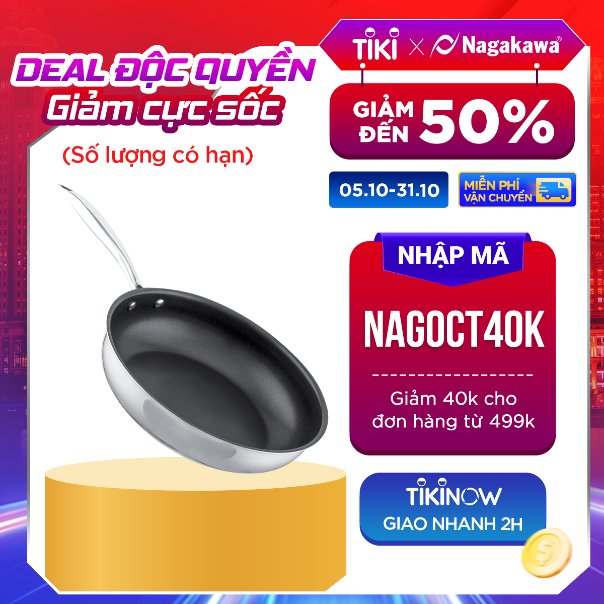 Chảo chống dính inox đa lớp toàn phần Nagakawa Haru NAG2402 - Dùng trên mọi loại bếp