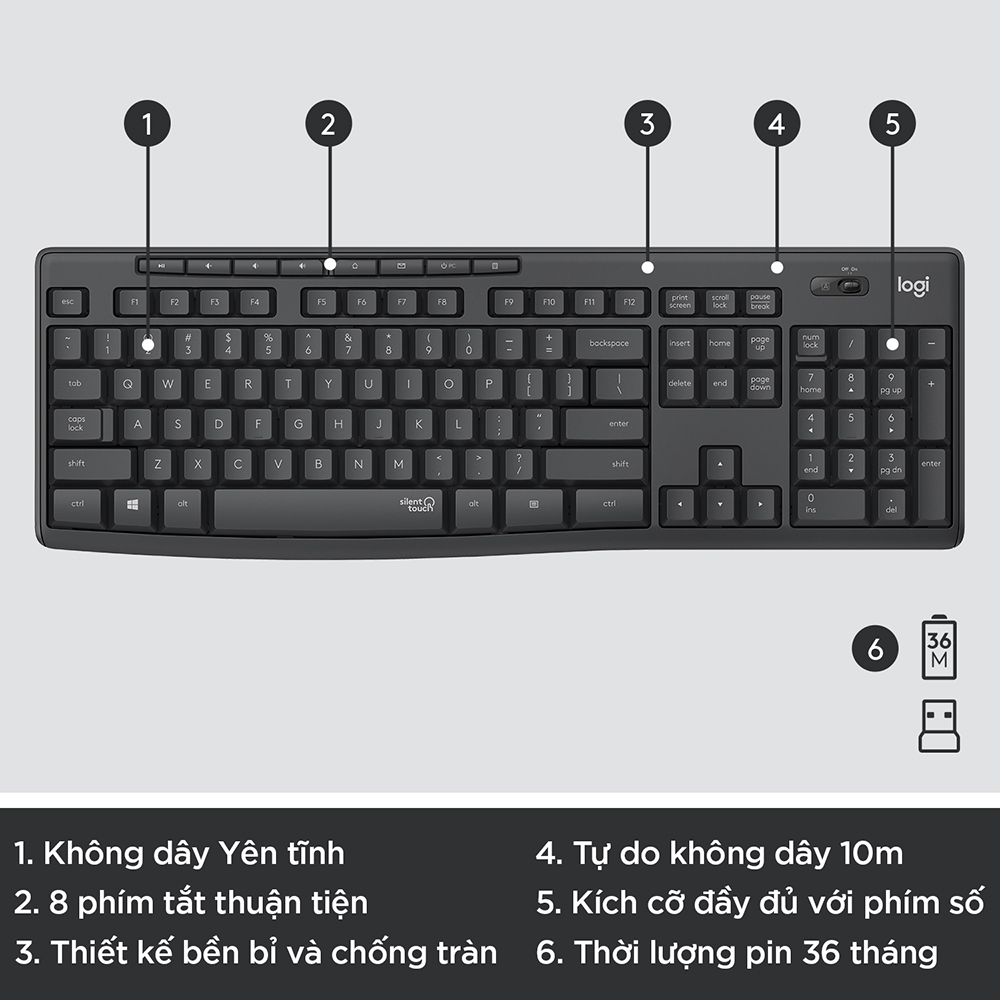 Combo chuột phím không dây Logitech MK295 Silent - Chống ồn 90%, có phím số, mắt đọc cải tiến, bền bỉ, không lag - Hàng chính hãng