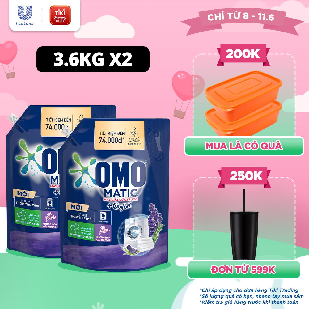 Combo 2 Túi Nước Giặt Omo Matic Cho Máy Giặt Cửa Trước Hương Lavender - Khử Mùi Thư Thái 4.1KGx2