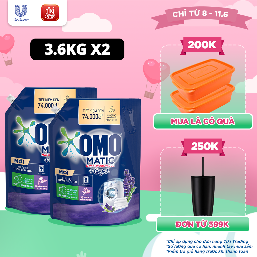 Combo 2 túi nước giặt OMO Matic chuyên dụng Cửa Trước Lavender Khử Mùi Thư Thái 3.6kg