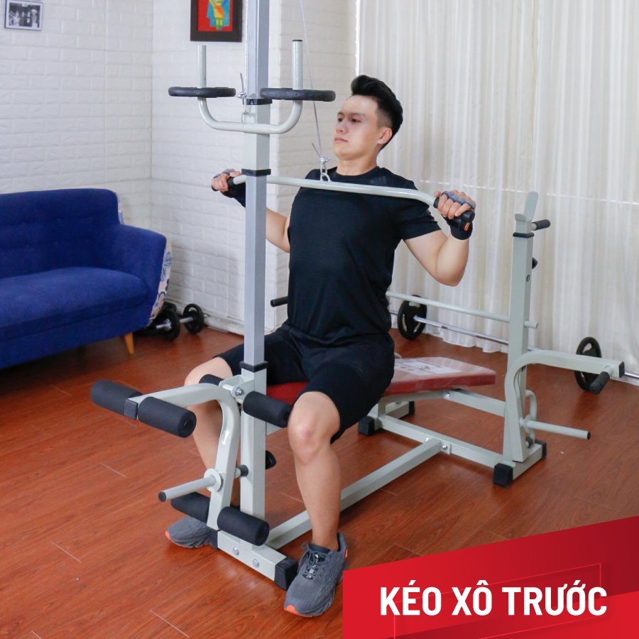 Giàn tạ đa năng 2014 kèm 54kg tạ gang , đòn tạ 1m5, 1 găng tay tập tạ