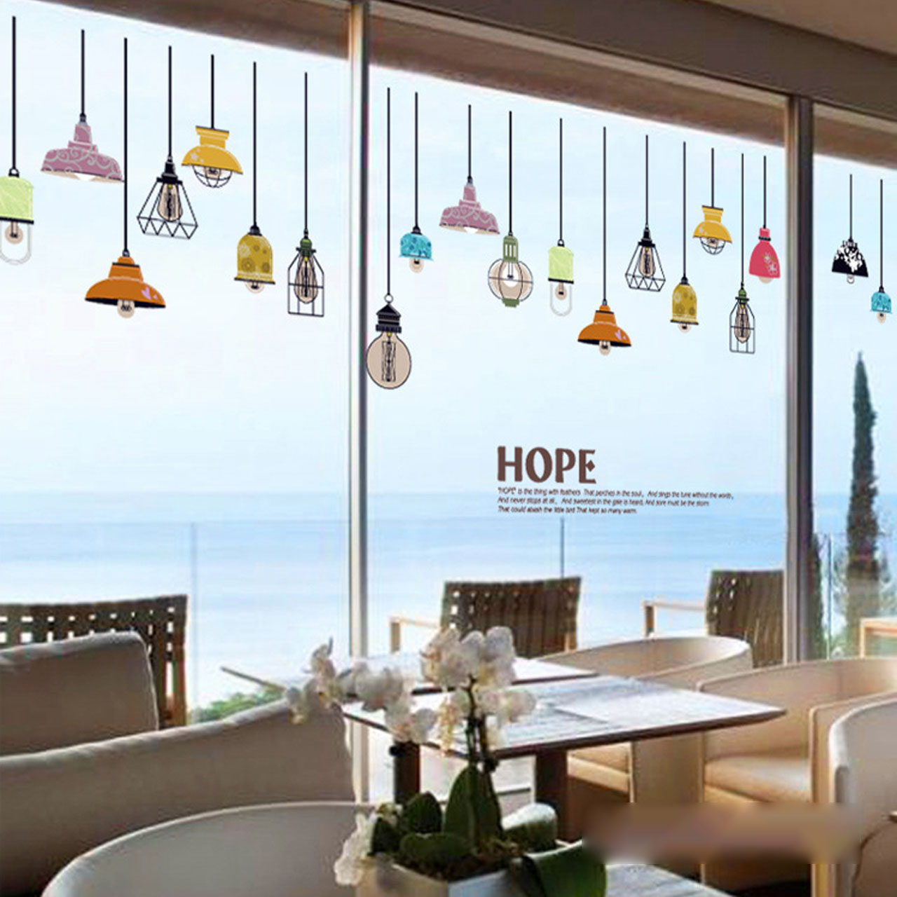 Decal dán tường trang trí quán cafe, phòng khách- Dây đèn treo chữ hope- mã sp SK9144