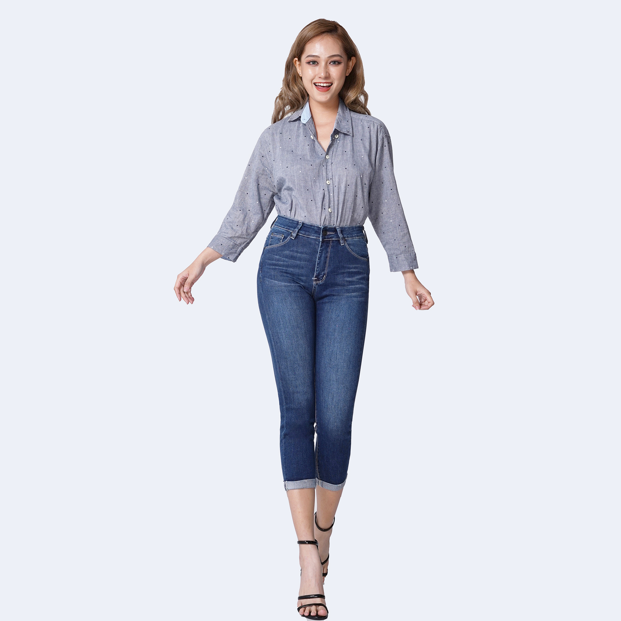 Quần Jean Nữ Lửng Aaa Jeans Skinny Lưng Cao Lật Line Ocean Blue