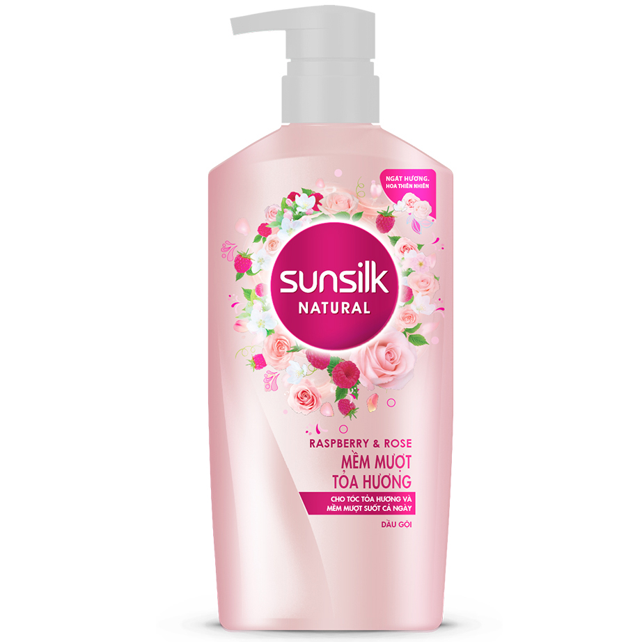 Dầu gội Sunsilk Mềm Mượt Tỏa Hương 650gr dành cho tóc khô xơ với dưỡng chất thiên nhiên phúc bồn tử &amp; hoa hồng