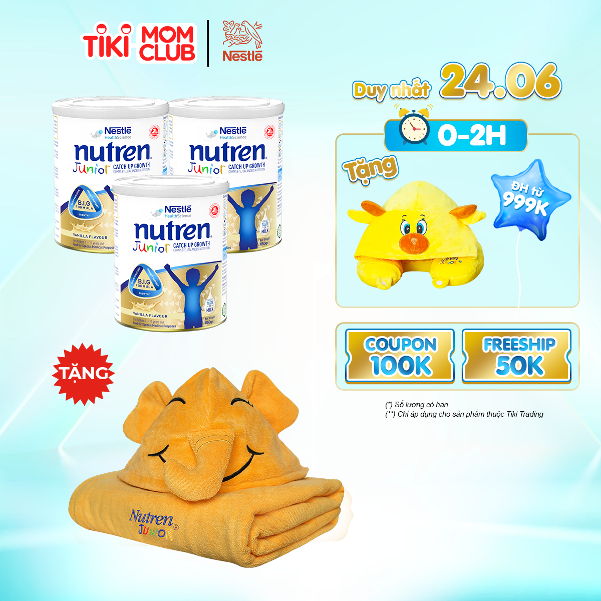 Combo 3 lon sản phẩm dinh dưỡng y học Nutren Junior cho trẻ từ 1-12 tuổi 850g tăng trưởng 3 chuẩn: Thế chất, Đề kháng, Tư duy - Tặng khăn choàng tắm bé con voi