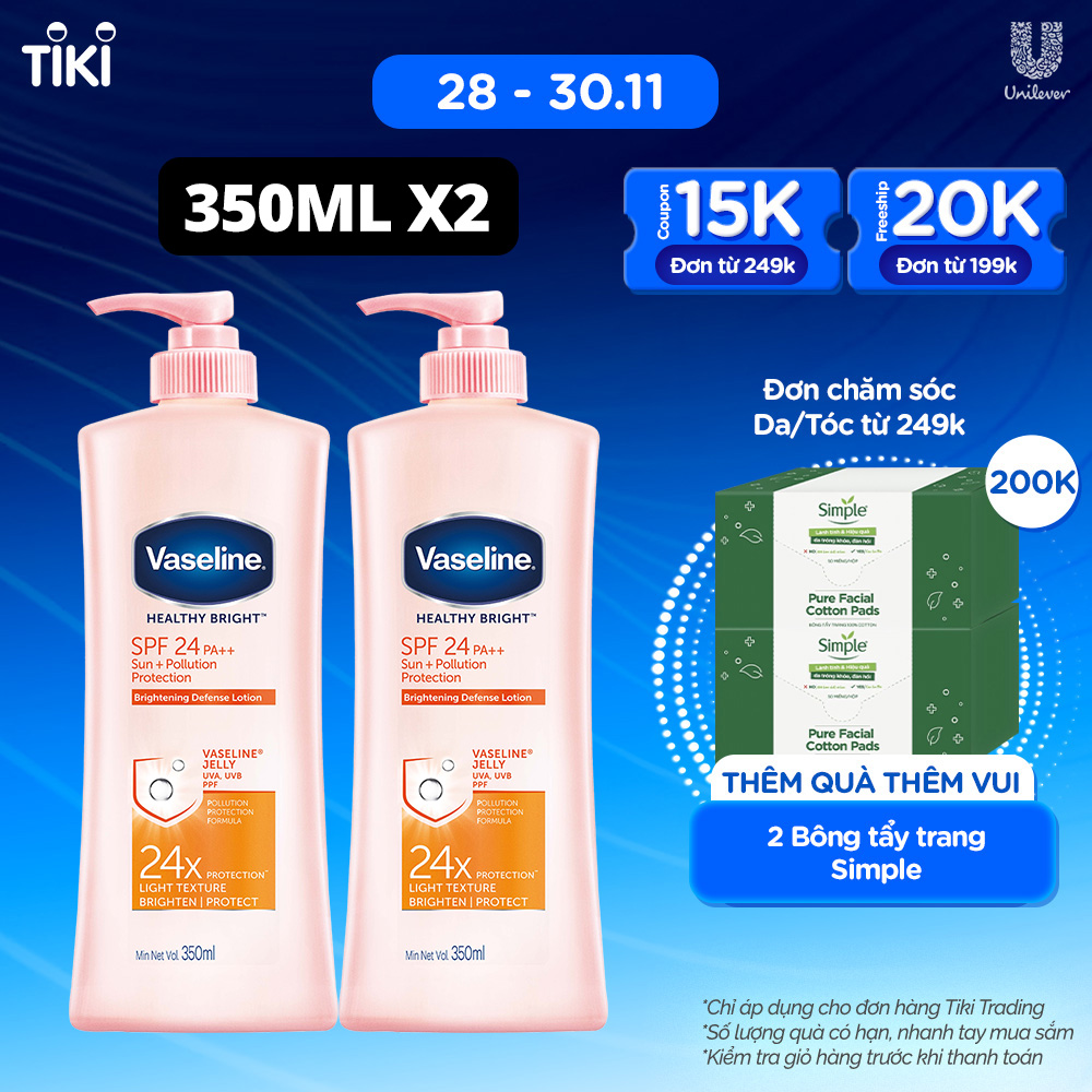 Combo 2 Sữa dưỡng thể chống nắng và dưỡng sáng SPF24 PA++VASELINE Healthy Bright Sun + Pollution Protection 350ML/chai