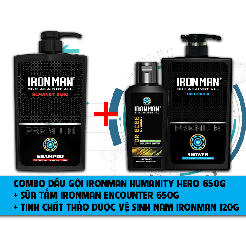 Dầu gội hương nước hoa nam  Ironman Humanity Hero 650g + Sữa tắmthơm lâu  Ironman Encounter 650g + Dung dịch vệ sinh nam tinh chất thảo dược Ironman For Boss120g