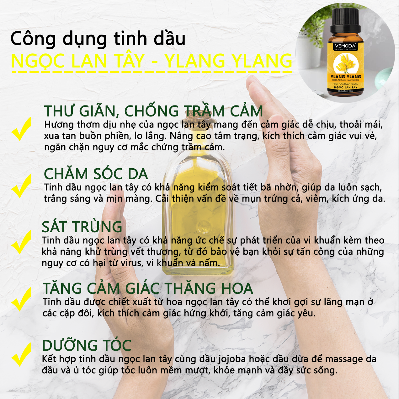 Tinh dầu Ngọc lan tây cao cấp. Ylang ylang Essential Oil. Tinh dầu xông phòng giúp thư giãn, chống trầm cảm, khử mùi, khử khuẩn, chăm sóc da. Tinh dầu thơm phòng cao cấp Vemoda