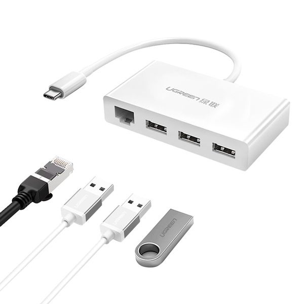 Cáp chuyển đổi USB-C Sang 3 cổng USB 3.0 + 1 cổng Lan 10/100Mbps Vỏ nhựa dài 15cm màu Trắng Ugreen TC40382US237 Hàng chính hãng.