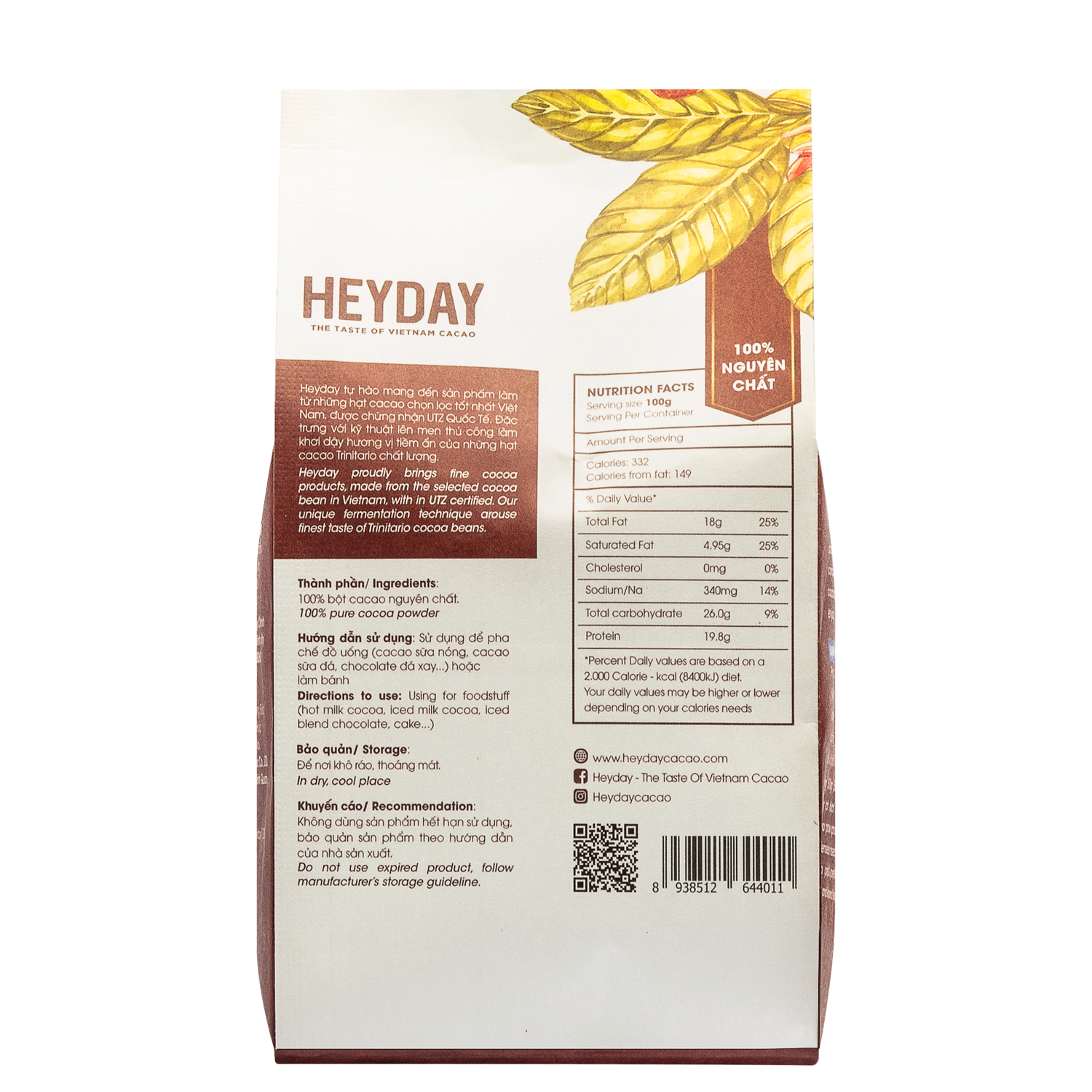 Heyday Bột Cacao Nguyên Chất Không Đường Việt Nam - Dòng Origin - Chứng Nhận UTZ - Hỗ Trợ Giảm Cân - Túi Giấy 250g