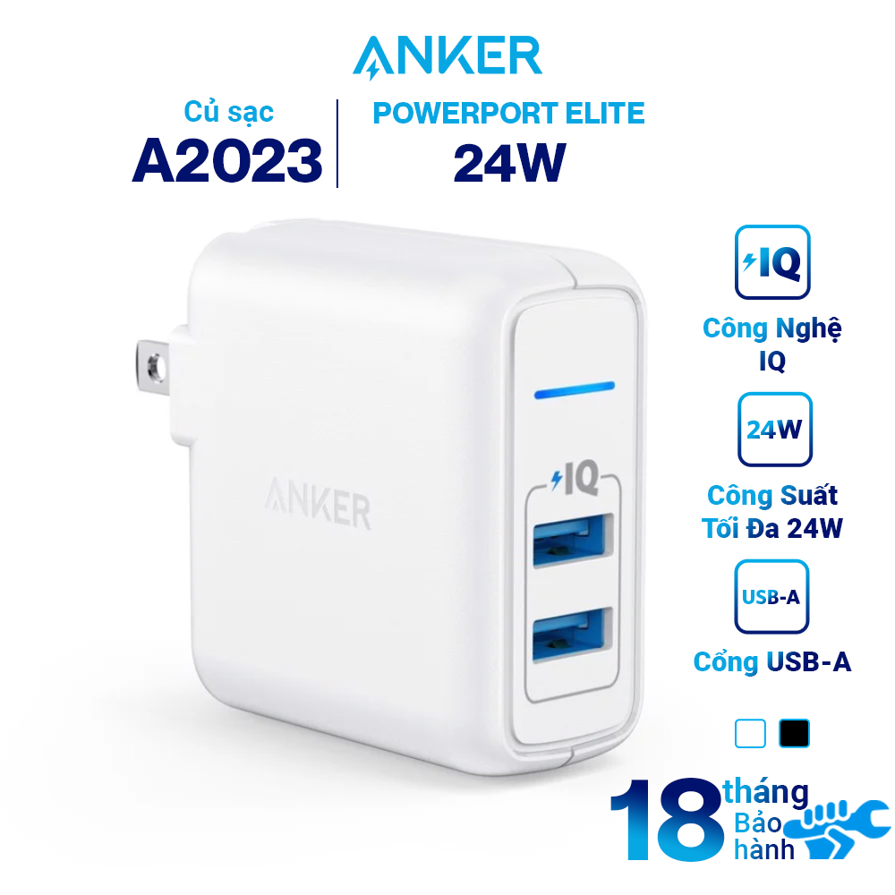 Adapter Sạc 2 Cổng Anker PowerPort Elite 24W - A2023 - Hàng Chính Hãng