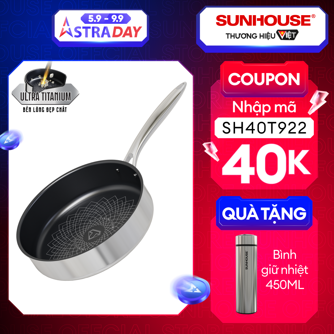 Chảo Inox 3 lớp Ultra Titanium Sunhouse STIM - Dùng cho mọi loại bếp - Hàng chính hãng