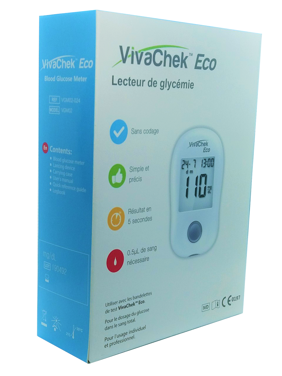 Bộ máy đo đường huyết VivaChek ECO (thương hiệu Mỹ) tặng 25 que thử + 25 kim lấy máu.