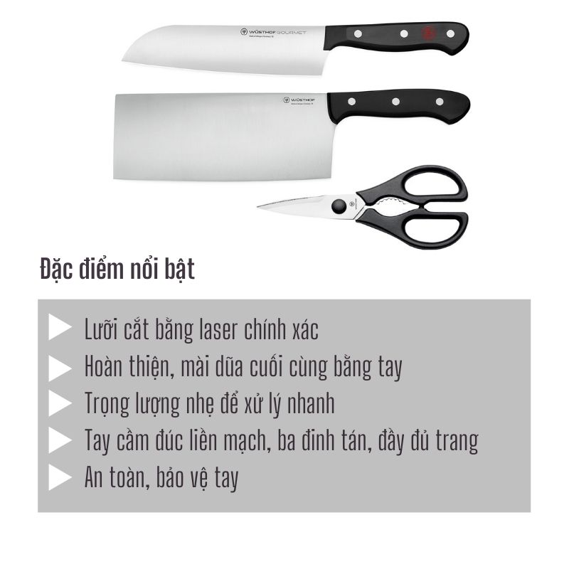 Bộ Ba Dao Bếp Cao Cấp Gourmet: Dao Chinese Style, Dao Santoku Và Kéo Gourmet - WUSTHOF Solingen Germany