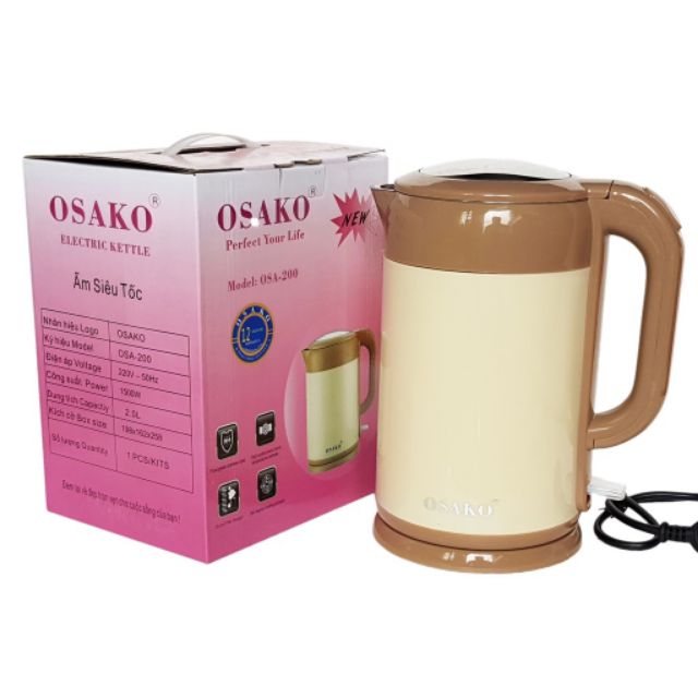 Ấm Siêu Tốc 2L Inox 304 Osako OSA-200 2 Lớp Công Suất 1500W Đun Sôi Cực Nhanh Tiết Kiệm Điện -Hàng Chính Hãng
