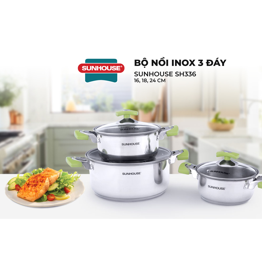Bộ Nồi inox 3 đáy Sunhouse SH336 (16cm, 18cm, 24cm) - Dùng cho mọi loại bếp - Hàng chính hãng