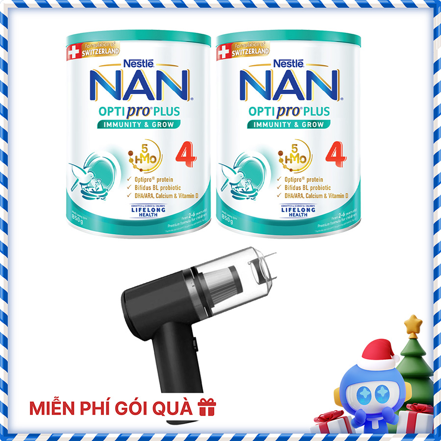 Bộ 2 Lon sữa bột Nestlé NAN OPTIPRO PLUS 4 850g/lon với 5HMO Giúp tiêu hóa tốt + Tăng cường đề kháng  - Tặng Máy hút bụi mini