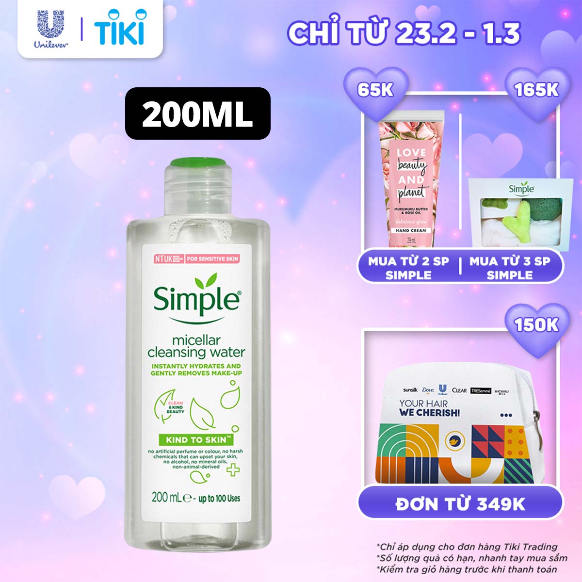 Nước tẩy trang Simple Micellar làm sạch trang điểm vượt trội - không chứa cồn gây khô rát 200ml [CHÍNH HÃNG ĐỘC QUYỀN]