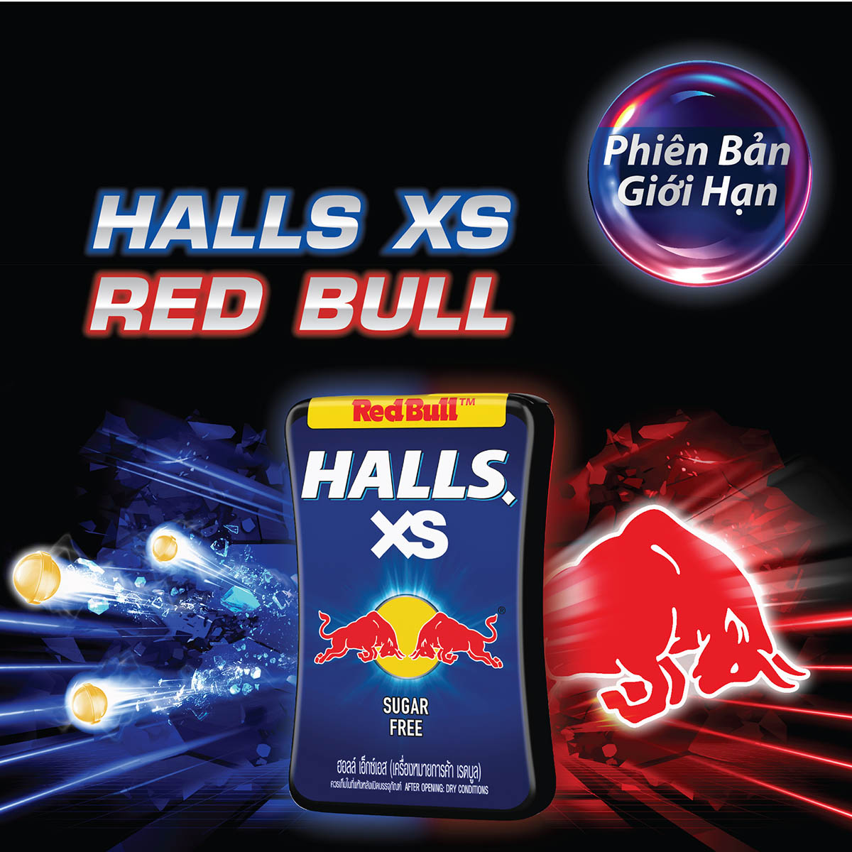 [Mua 4 Tặng 1] Combo 4 Hộp Kẹo Ngậm Không Đường Vị Trái Cây Halls XS Redbulls 4x13.8g