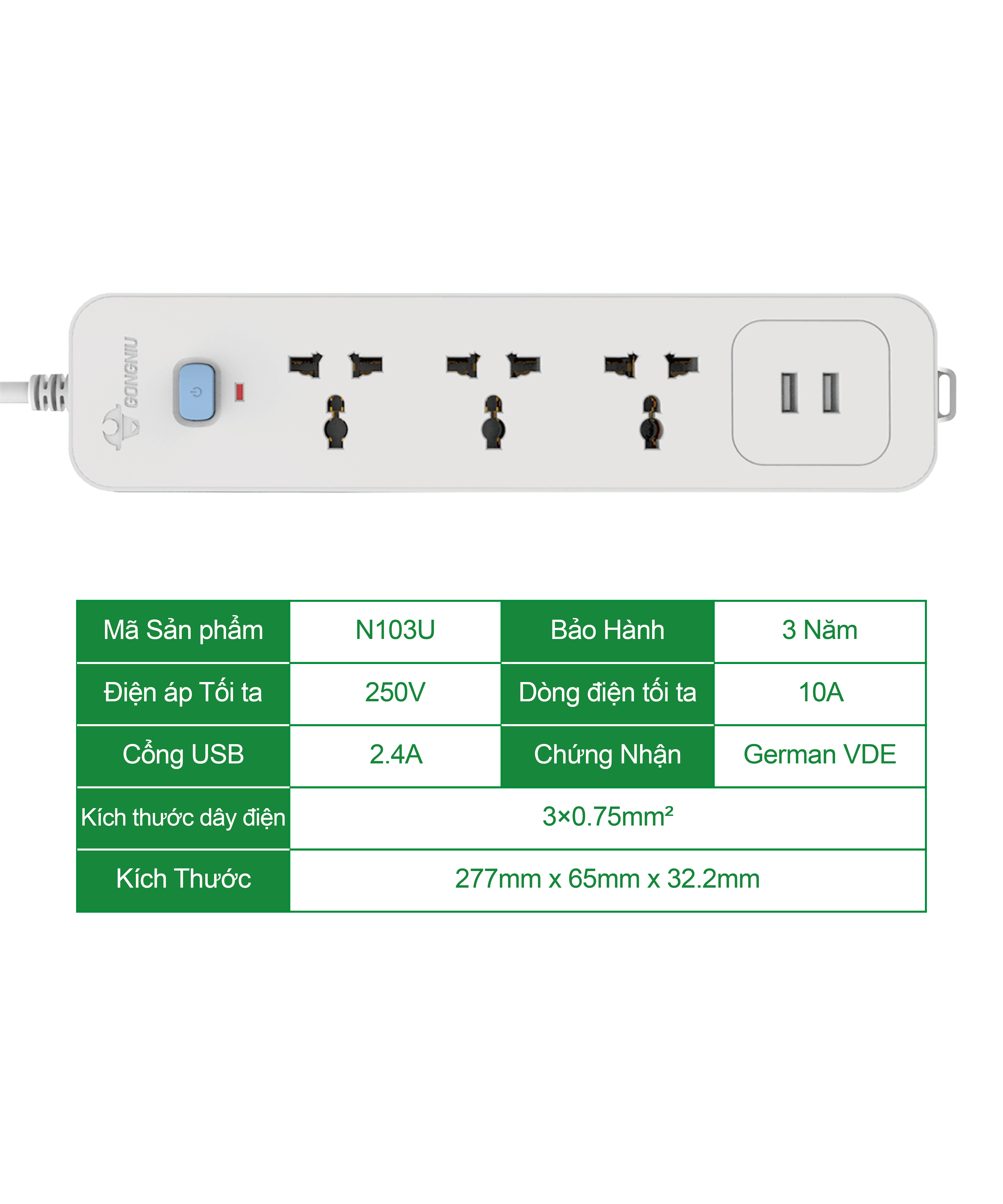 Ổ Cắm Điện Gongniu 3 Ổ Đa Năng + 2 USB 1 Công Tắc – Công Suất 10A/250/2500W – Trắng – Chính Hãng