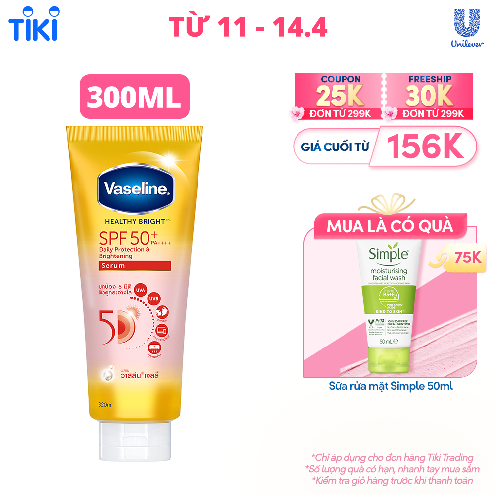 Serum chống nắng cơ thể Vaseline 50x bảo vệ da với SPF 50+ PA++++ giúp da sáng hơn gấp 2X 300ML