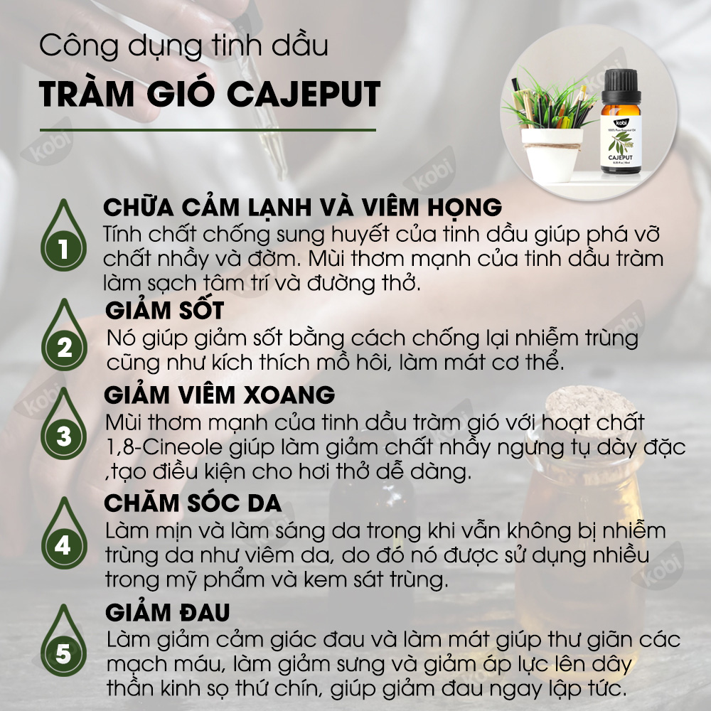 Dầu Tràm, Tinh Dầu Tràm Gió Cajeput Kobi Nguyên Chất (100ml), Tốt Cho Bé Sơ Sinh, Giúp Giữ Ấm Cơ Thể Bé, Xua Đuổi Muỗi Và Côn Trùng - Tinh Dầu Thiên Nhiên, Tinh Dầu Xông Phòng Giúp Khử Mùi Hiệu Quả