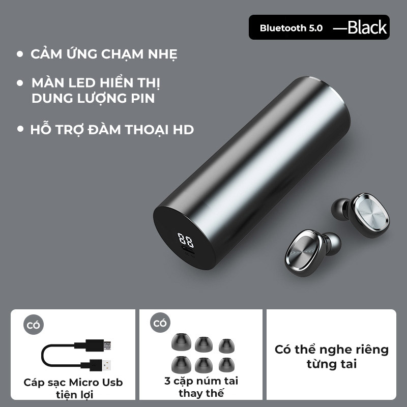 Tai nghe Bluetooth 5.0 TWS cảm ứng chạm nhẹ thông minh, âm thanh thanh vòm 8D | Hàng nhập khẩu