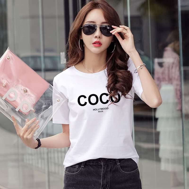 Áo thun nữ MXM form vừa in chữ COCO cotton 4 chiều