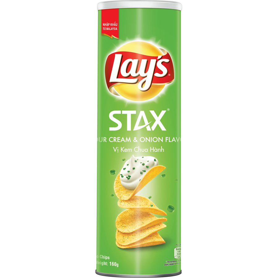 Combo 2 Bánh Snack Khoai Tây Ống Lay's Stax Vị Kem Chua Hành 160g (Size lớn) - Nhập khẩu từ Malaysia