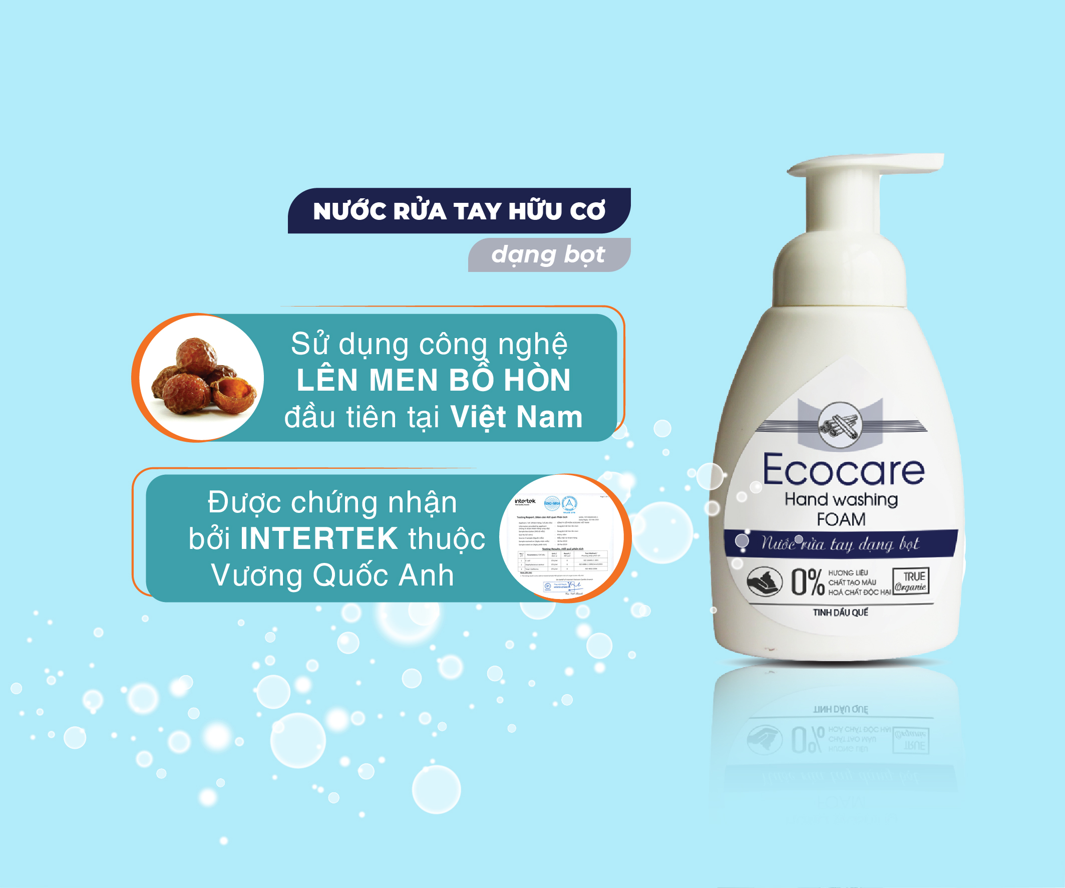 Nước rửa tay hữu cơ diệt khuẩn dạng bọt tinh dàu Cam 250ml thương hiệu Ecocare