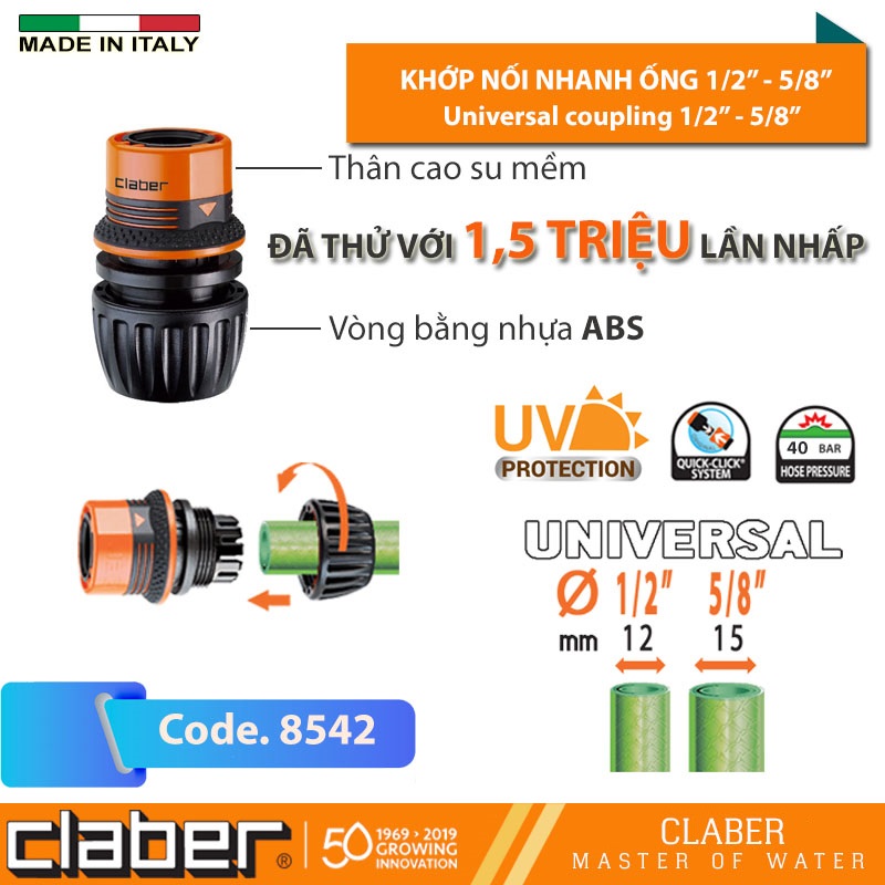 Khớp Nối Nhanh Claber Ergogrip 8542, nhựa ABS, kết nối 2 cỡ ống 12-14mm