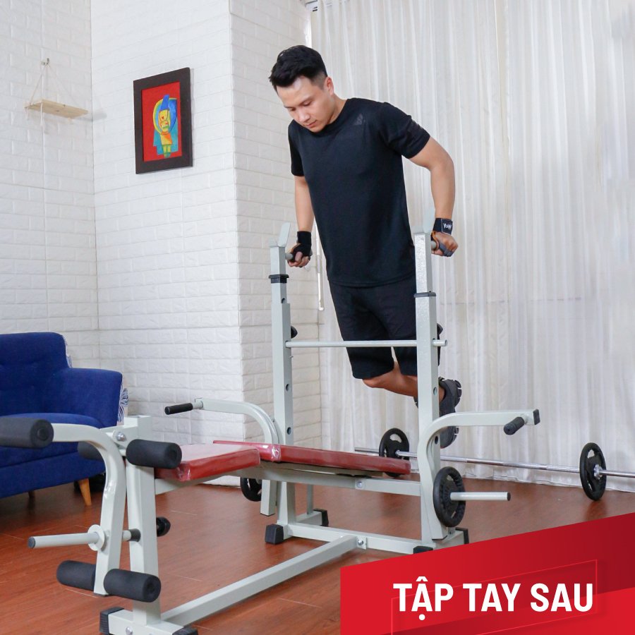 Giàn tạ đa năng 2014 kèm 54kg tạ gang , đòn tạ 1m5, 1 găng tay tập tạ