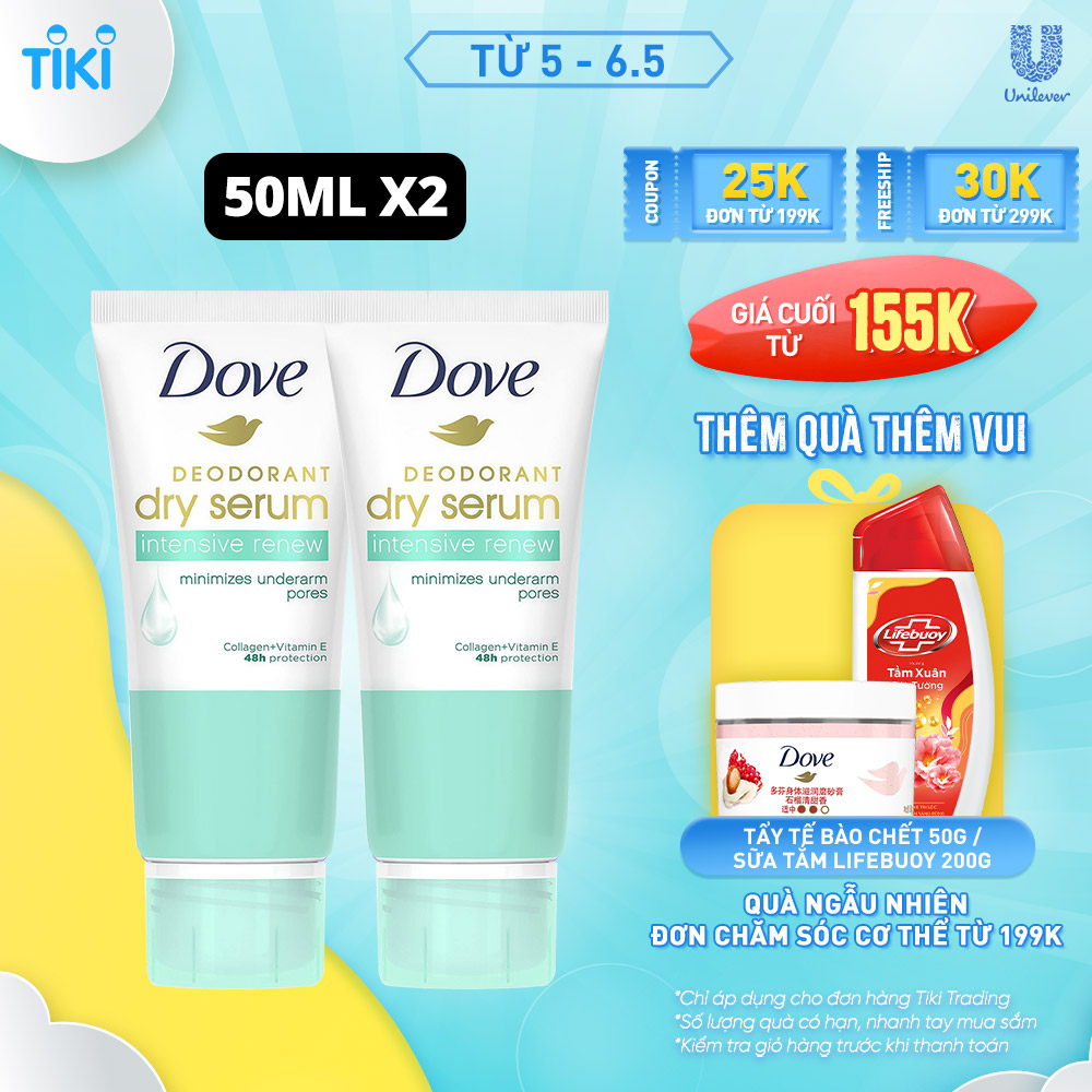 Combo 2 Kem khử mùi Dove tinh chất serum dành cho nữ với Collagen &amp; Vitamin E dưỡng da sáng mịn &amp; thu nhỏ lỗ chân lông, 50ml