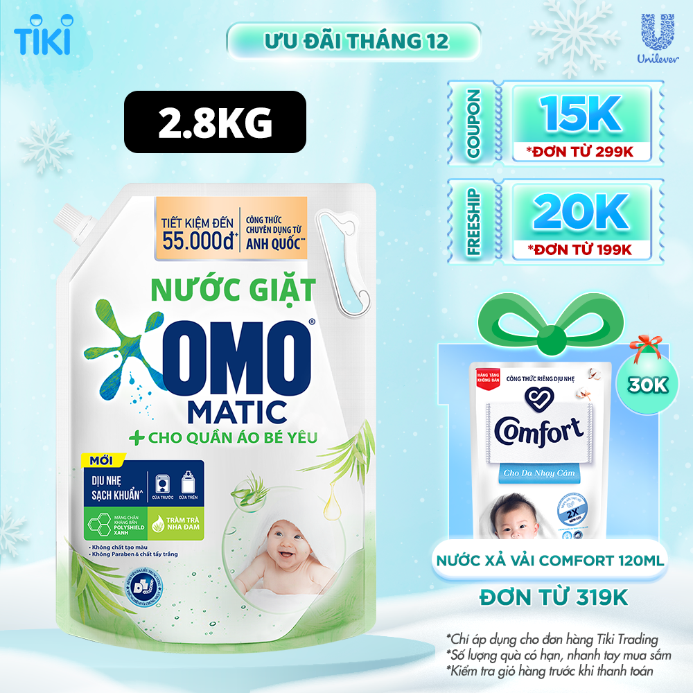 TúI Nước Giặt Omo Matic Cho Quần Áo Bé Yêu Chiết Xuất Tràm Trà Và Nha Đam Dịu Nhẹ, Sạch Khuẩn 2.8Kg