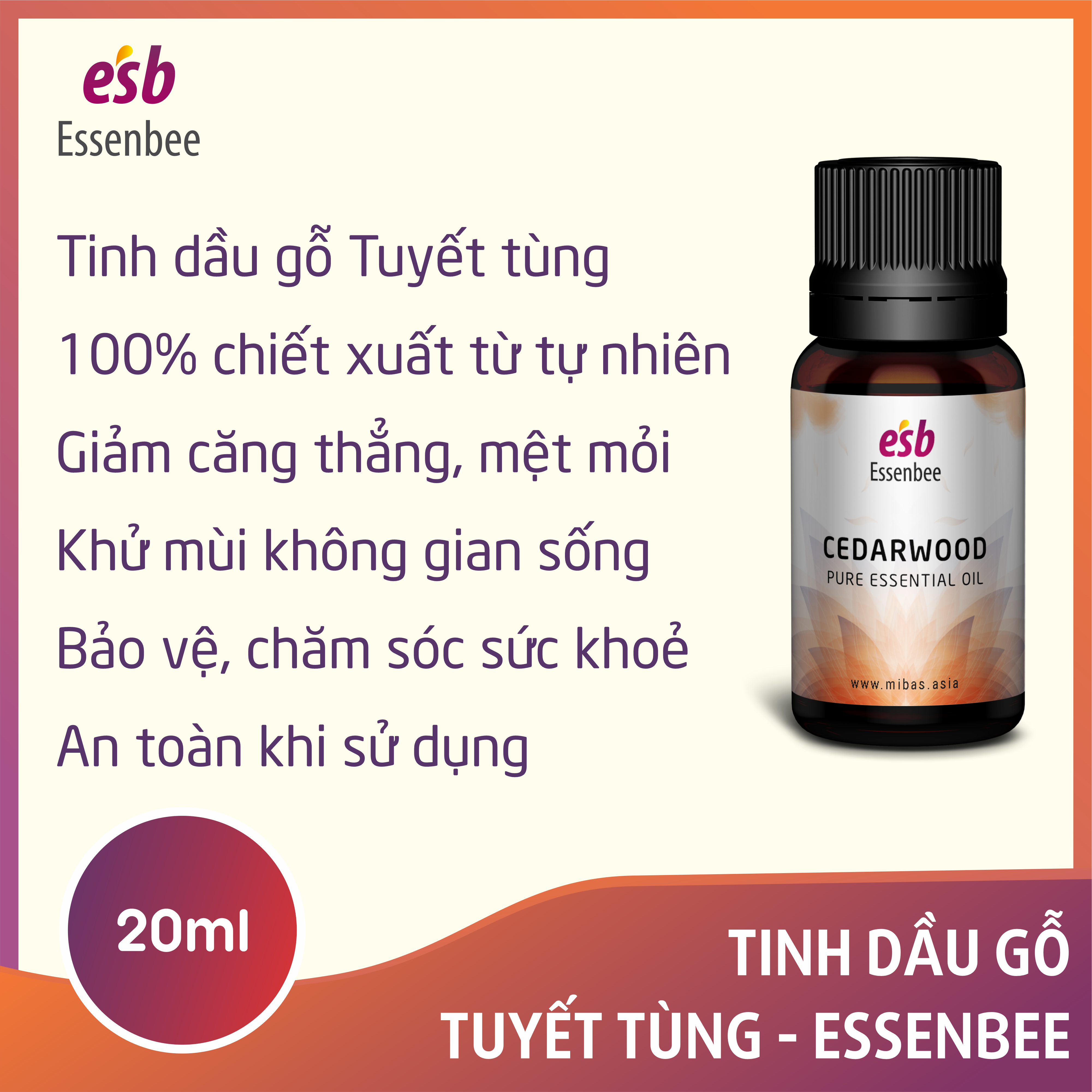 Tinh dầu nguyên chất gỗ Tuyết Tùng – Essenbee – 20ml