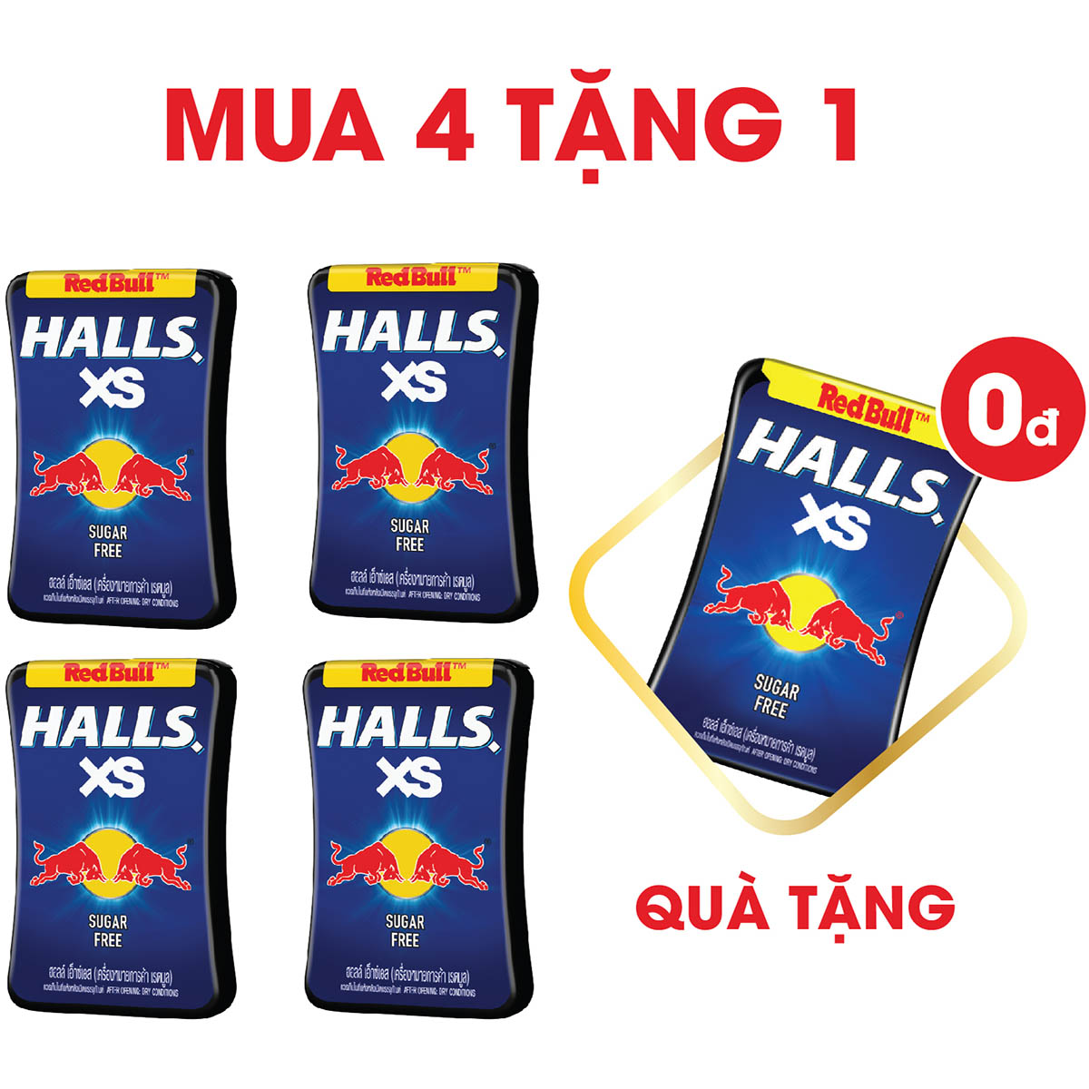 [Mua 4 Tặng 1] Combo 4 Hộp Kẹo Ngậm Không Đường Vị Trái Cây Halls XS Redbulls 4x13.8g