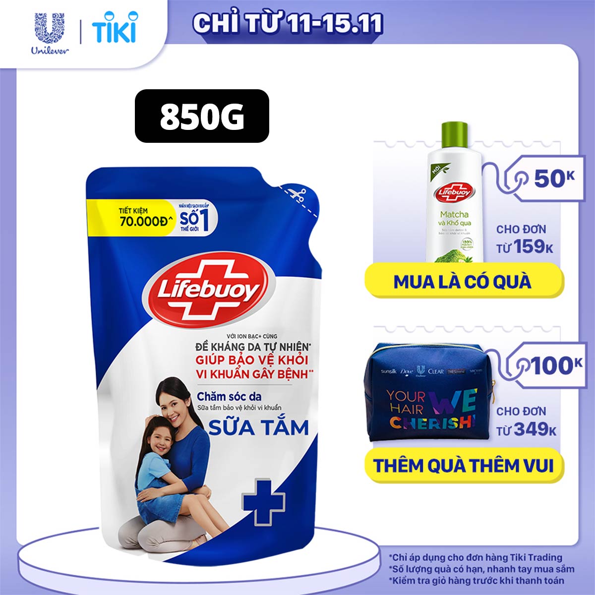 Sữa Tắm Lifebuoy Sạch Khuẩn Chăm Sóc Da Ngăn Ngừa Vi Khuẩn Lây Lan Với Ion Bạc+ Hỗ Trợ Cùng Đề Kháng Da Tự Nhiên Túi 800G