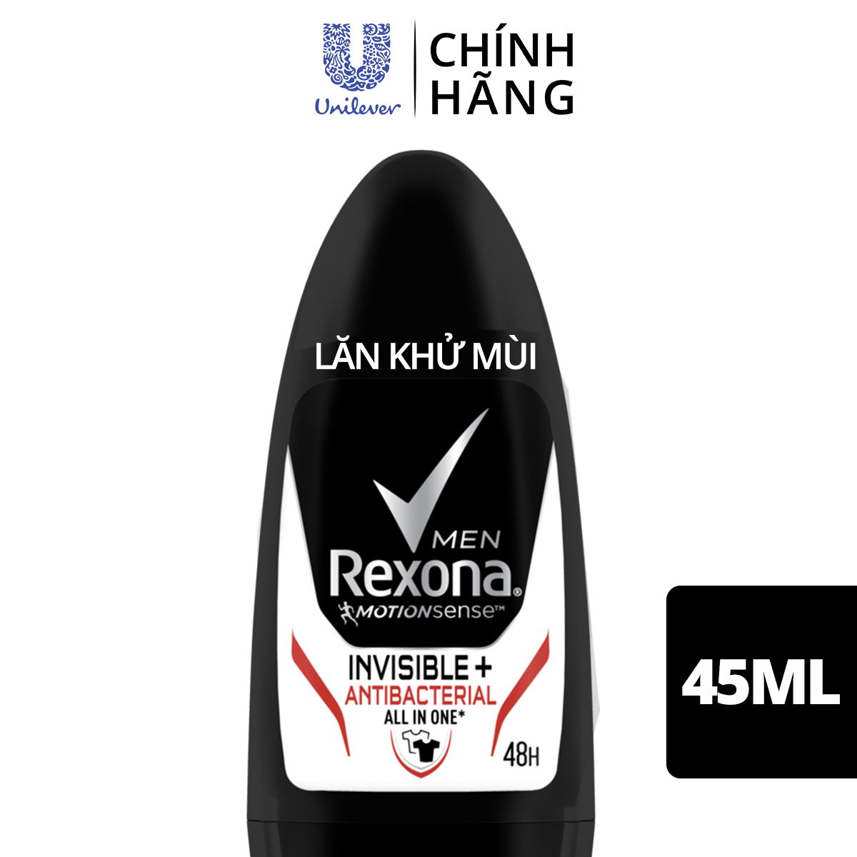 Lăn khử mùi Rexona Men Invisible &amp; Antibacterial 48h khô thoáng kháng khuẩn dành cho nam, 45ml