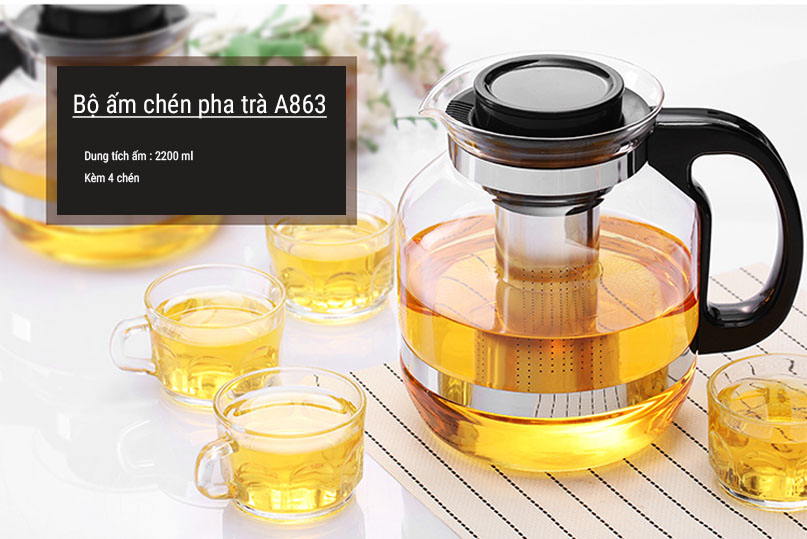 Bộ Bình và ly pha trà có lõi lọc inox