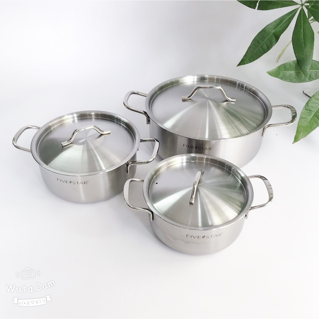 Bộ Nồi Inox 430 cao cấp 1 Đáy Fivestar 3 Chiếc Nắp Inox , dùng được mọi bếp , tặng 1 rổ inox 22cm