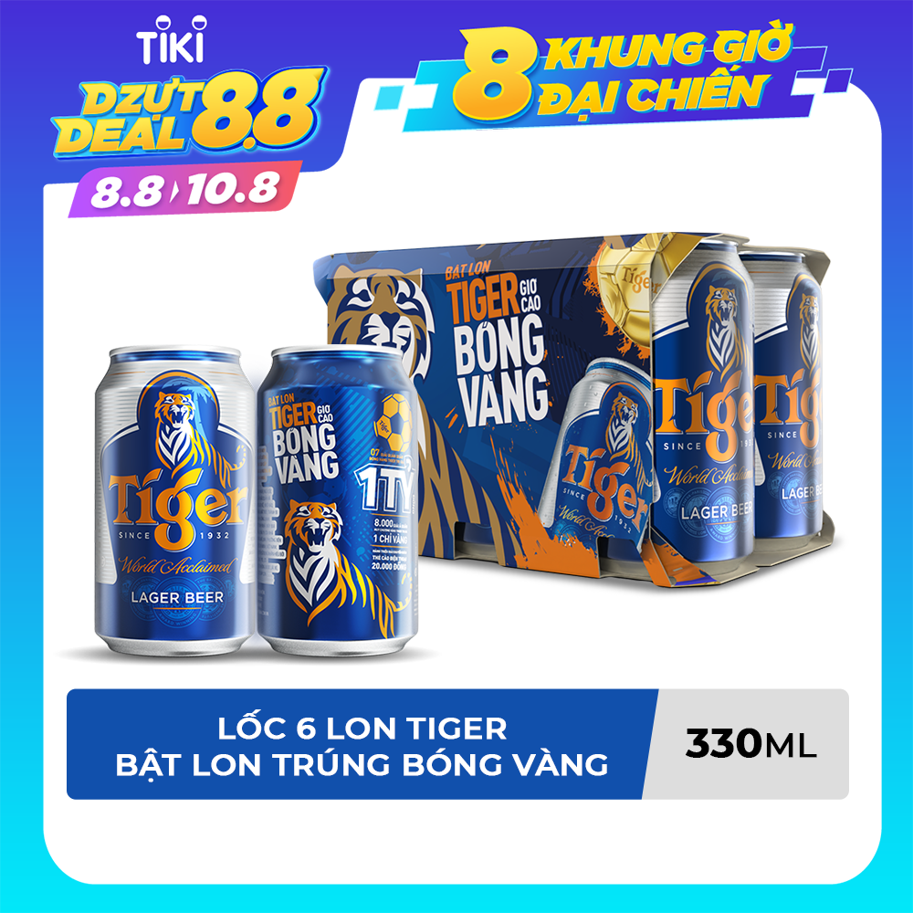 Lốc 6 Lon Tiger (330ml / Lon) (Bật lon Tiger giơ cao bóng vàng)