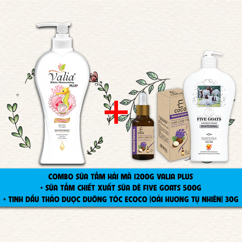 Combo sữa tắm hải mã 1200g Valia Plus +  sữa tắm chiết xuất sữa dê Five Goats 500g + tinh dầu thảo dược dưỡng tóc Ecoco ( oải hương tự nhiên) 30g