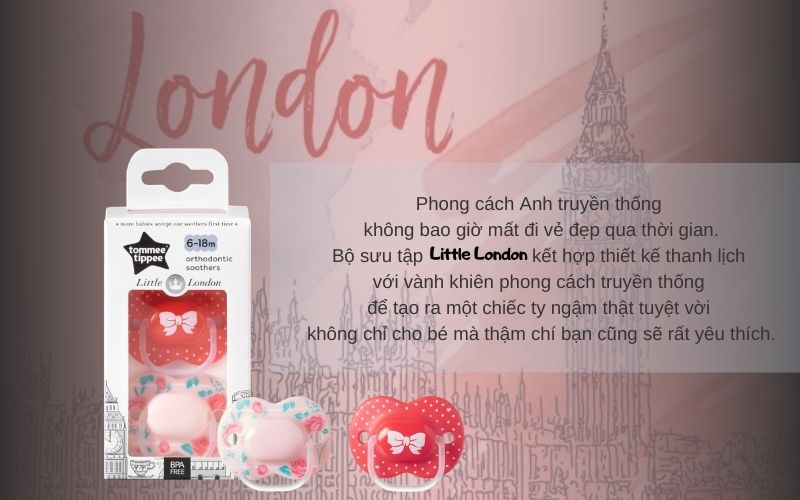 Ty ngậm cho bé Tommee Tippee Little London 6-18 tháng  (vỉ 2 cái) - Hồng/Đỏ