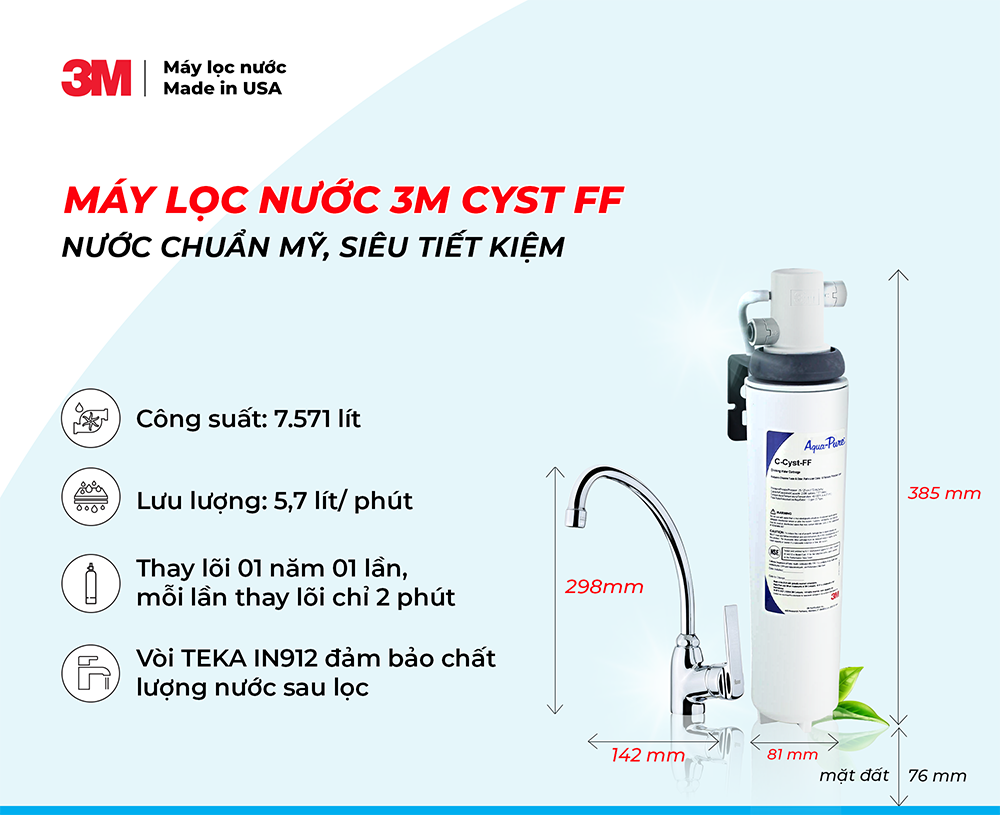 Combo Máy Lọc Nước 3M AP Easy Cyst FF + Vòi Teka IN912 - Lưu lượng nước 5,7 Lít/phút - Công suất lọc 7.571 Lít - 3M Product Number 5609223 - Hàng Chính Hãng 3M