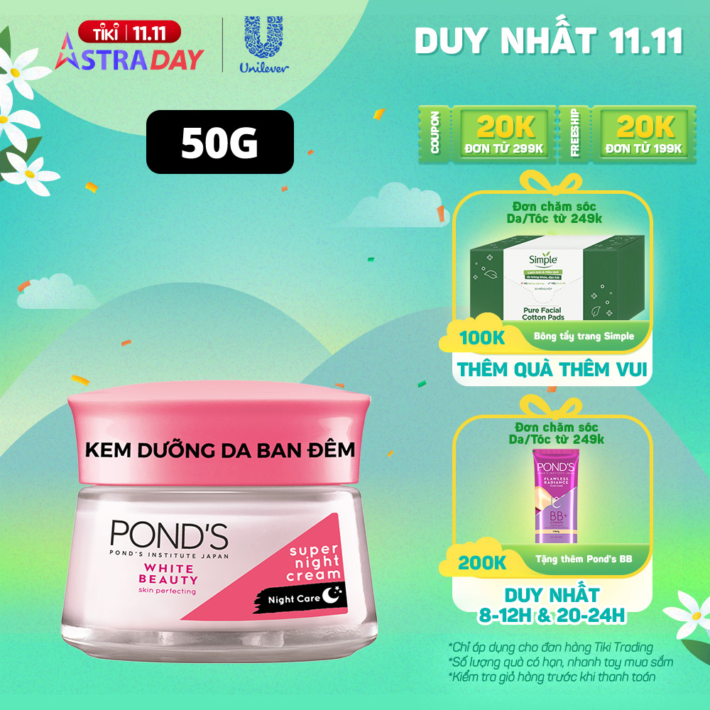 Kem dưỡng da ban đêm POND'S dưỡng ẩm da cho da sáng mịn căng mướt 50g