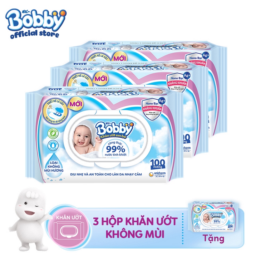 Combo 3 gói Khăn giấy ướt Bobby Nano Bạc kháng khuẩn không mùi 100 tờ (Xanh) + Tặng 1 gói khăn ướt (xanh)