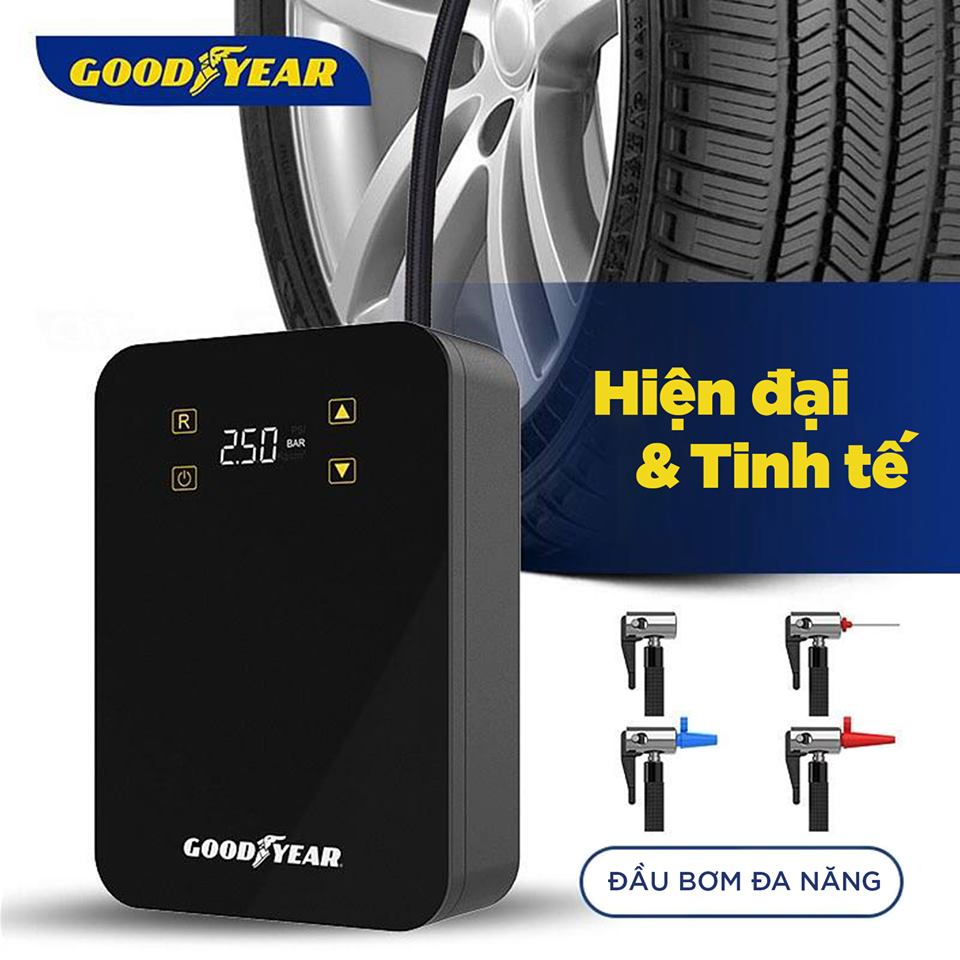 Bơm lốp ô tô điện tử cảm ứng thông minh, tự ngắt, vòi bơm đa năng GoodYear GY - 3302 | Hàng Chính Hãng