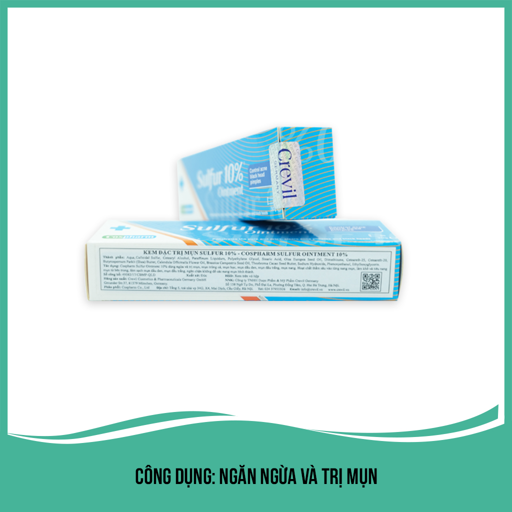 Kem hỗ trợ trị mụn Cospharm Crevil Sulfur Ointment 10%, kháng viêm kháng khuẩn và hỗ trợ điều trị mụn, làm mờ sẹo với tinh chất triết xuất thiên nhiên