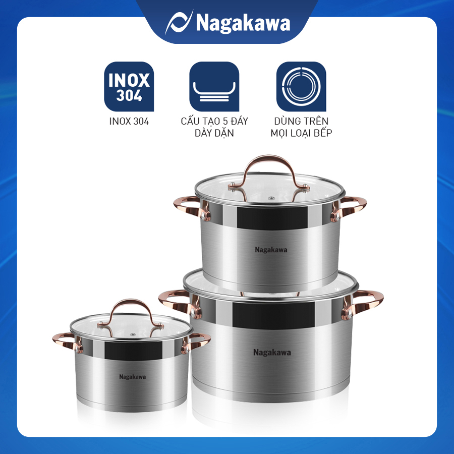 Bộ 3 Nồi Inox 304 Đáy Từ 5 Đáy Nagakawa NAG1352 (16cm, 20cm, 24cm) - Hàng Chính Hãng 